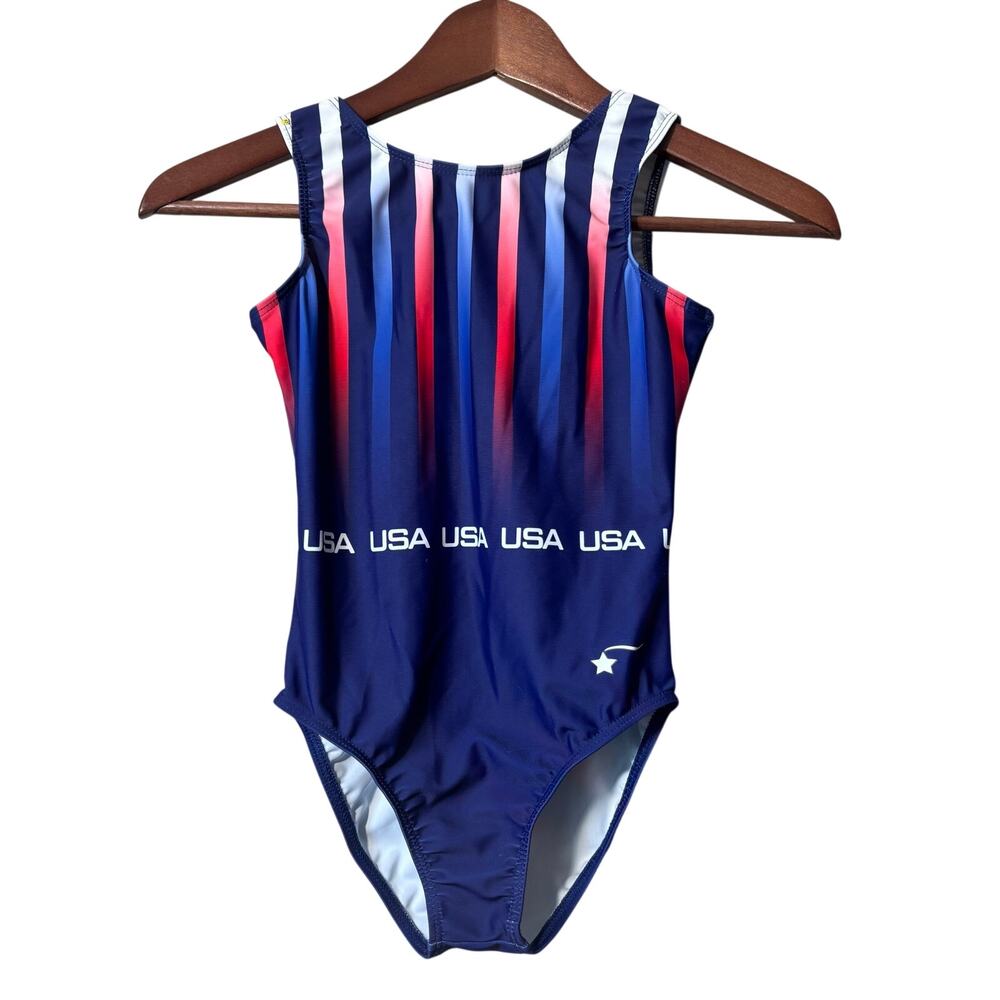 Destira USA Patriotic Foil Tank Leotard Size Child Large Red, white and blue
